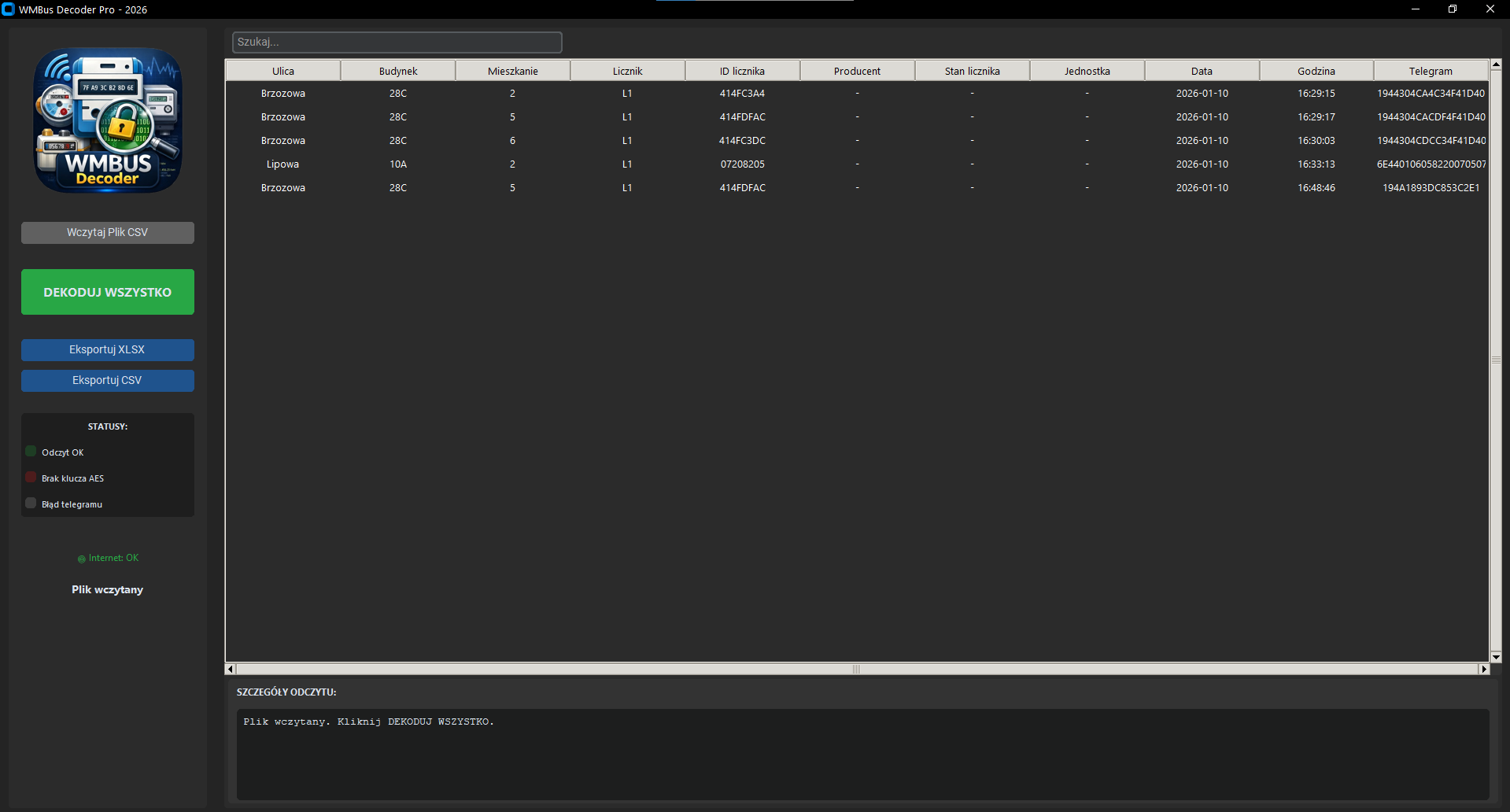 Oprogramowanie WMBUS Decoder Pro